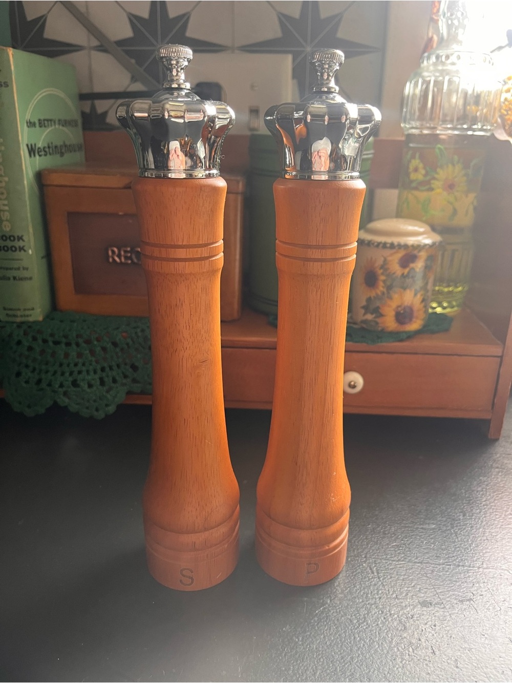 Tall Wooden Salt and Pepper Shakers with Silver Crowns